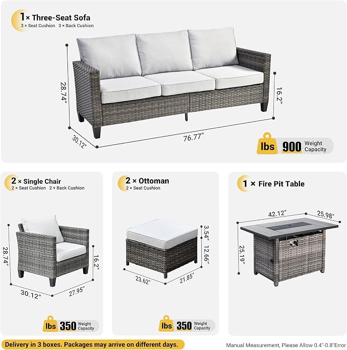 ovios 6 Pieces Patio Furniture Set with 42" Fire Pit Table, Outdoor Wicker Sofa with Comfy Cushions, All Weather High Back Rattan Couch Conversation Set, Grey