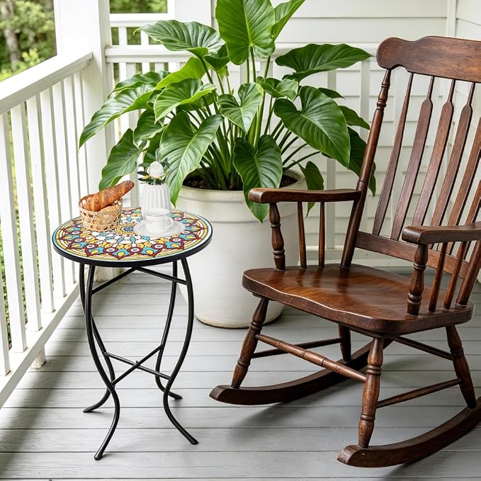 Mosaic Outdoor Side Table Small Round Patio Table Plant Stand | 21" Accent End Table with 14" Ceramic Tile Top for Small Spaces Porch Pool Garden Decor Indoor Living Room Bedroom Balcony