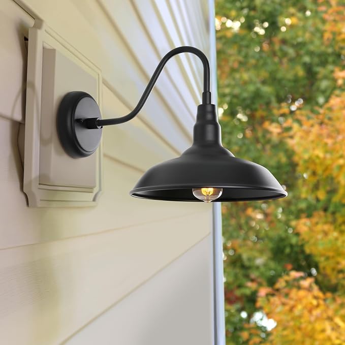 Black Gooseneck Barn Light for Farmhouse 10 Inch Dome Exterior Lights Fixture with Wall Mount, Outdoor Wall Sconce for Garage Porch Patio