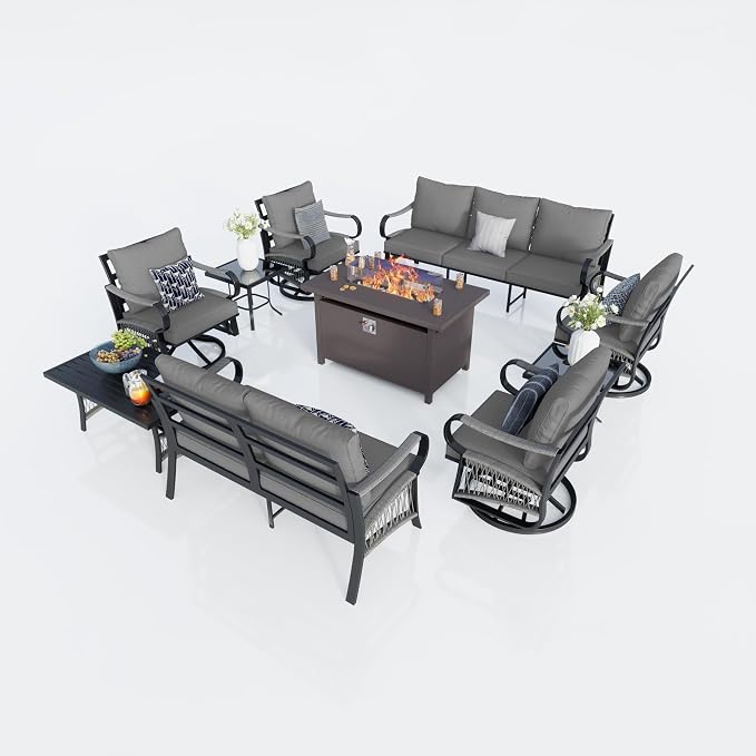 10-Piece Outdoor Furniture Set, Metal Swivel Rocking Chairs with All-Weather Cushions, Patio Conversation Set with Fire Pit Table for Deck, Porch, Garden, Backyard, Poolside (Gray Cushions)