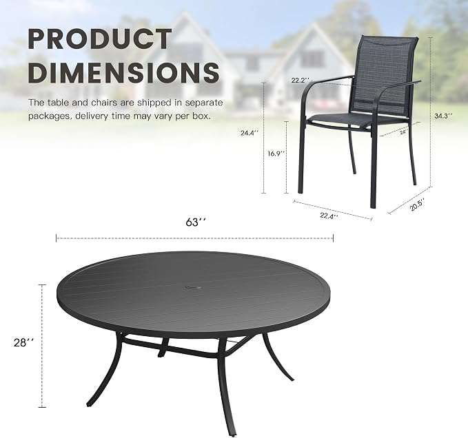 11 Pieces Outdoor Dining Set, Stackable Textilene Patio Chairs & 63" Round Dining Table with Umbrella Hole, Patio Dining Set for Backyard, Deck, Garden, Grey & Black