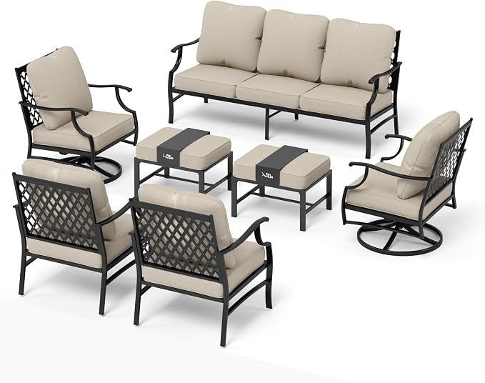 MIXPATIO Patio Furniture Set 7 pcs, Outdoor Patio Furniture, 3-Seat Sofa, 2 Single Chairs, 2 Swivel Chairs, 2 Ottomans and 5.75" Extra Thick Cushion, Patio Conversation Set for Backyard Deck,Beige