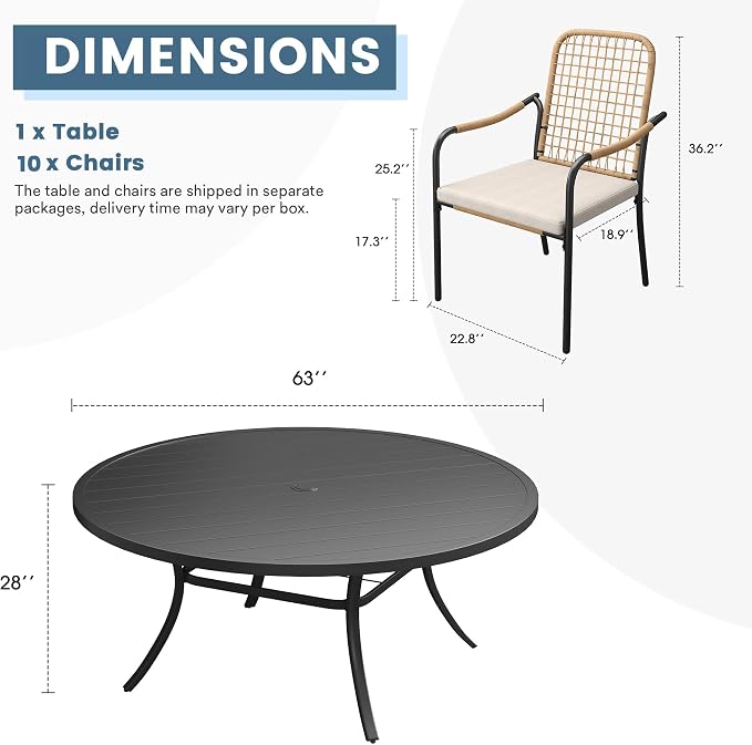 DIFY 11 Pieces Outdoor Dining Set for 10, 63" Round Dining Table with Umbrella Hole & Wicker Stackable Patio Chairs with Cushions, Metal Patio Table and Chairs Set for Backyard Porch Garden, Black