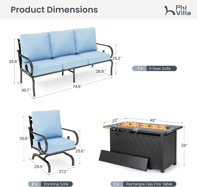 PHI VILLA Patio Furniture Set, 3-Seater Sofa, 2 Rocking Chairs and a 45" Fire Pit Table, Outdoor Metal Conversation Set with 5.75" Extra Thick Cushion for Garden Backyard Deck, Blue
