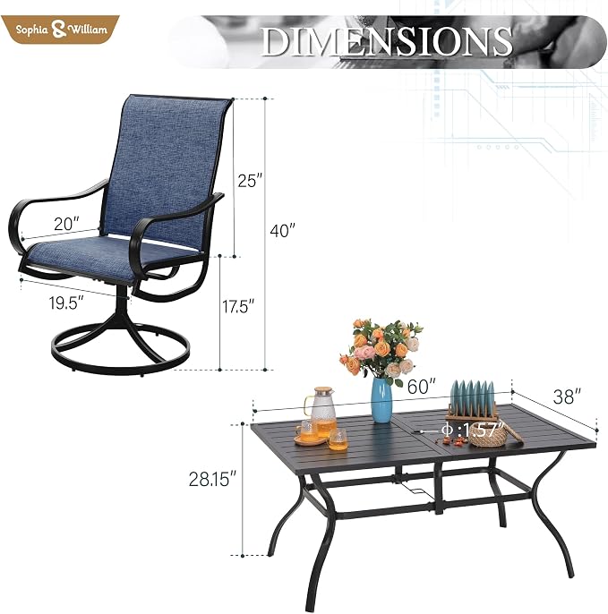 Sophia & William Patio Dining Set for 6 w/Swivel Textilene Chairs, Blue | 60"x 38" outdoor table and chairs, all-weather E-coating metal frame & mesh fabric. Suitable for deck, garden, poolside