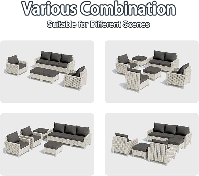 Outdoor Patio Furniture Set with Rattan Fire Pit Table 8-Piece Modular Wicker Sectional Sofa with Ottomans and Thick Cushions, Modern Rattan Outdoor Conversation Couch, Black