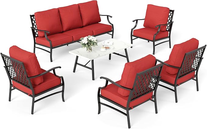 SUNSHINE VALLEY 6 Piece Metal Outdoor Patio Furniture Set, Patio Conversation Sets 1 3-Seater Sofa, 4 Fixed Chairs with 5.75" Thick Cushion and Coffee Table, Backyard Furniture Set for Deck, Red