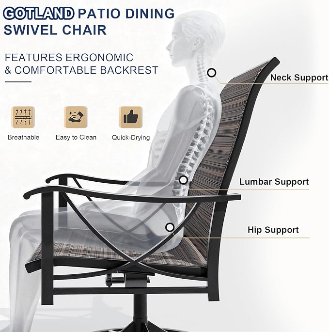 Gotland Patio Swivel Chairs Set of 4, Outdoor Dining Chairs with Breathable Teslin Seat Cushion & Backrest, 360° Outdoor Swivel Chairs with Metal Frame, Patio Dining Chairs for Deck Garden Brown