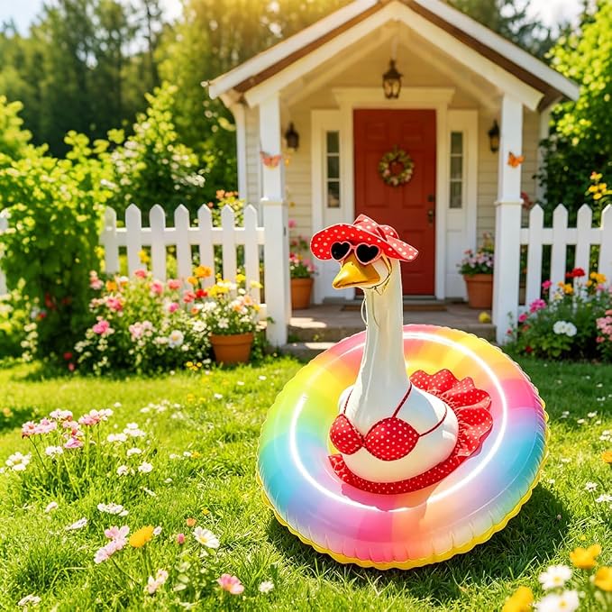 STONESTAR Hawaiian Porch Goose Outfits with Hat Sunglasses & Swim Ring, Summer Bikini Goose Outfit Clothes Costume Fits 23" Cement Geese Statue, Summer Garden Lawn Patio Yard Outdoor Decor