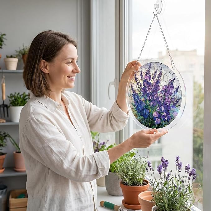 Acrylic Puzzle Suncatcher, Stained Glass Suncatcher Window Hanging, DIY Sun Catcher Kits for Adults, Home Decor Gift for Women, Friends 7.4in (Violet Flowers)