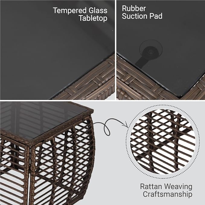 Square Outdoor Side Table - Patio Rattan End Table with Glass Tabletop, Wicker Outdoor Fashionable Coffee Table for Garden, Backyard, Porch, Black Gold