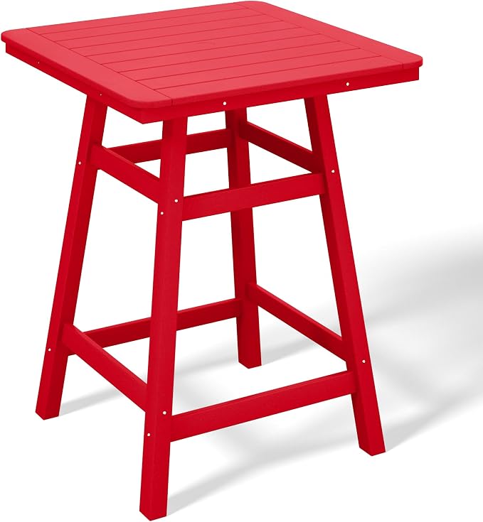 Costaelm Outdoor Bar Table, 37" Counter Height Square Patio Cocktail Bar Table with Umbrella Hole, Patio Bistro Dining Pub Table for Front Porch Deck Backyard Garden, Red