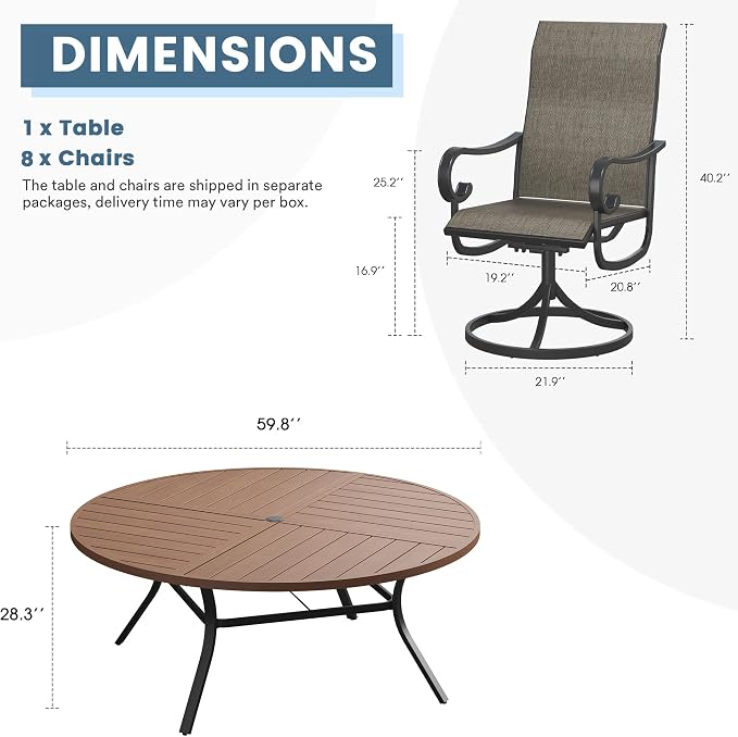 DIFY 9 Piece Outdoor Dining Set for 8, 59.8" Walnut Round Metal Dining Table with Umbrella Hole and Swivel Patio Chairs with Brown Textilene Fabric, Patio Table and Chairs Set for Garden Backyard Deck