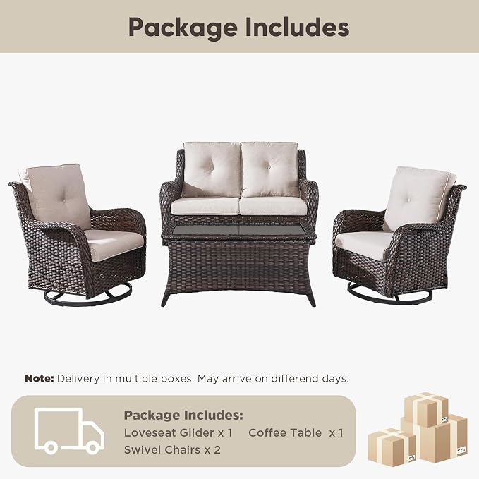 Belord 4 Piece Patio Wicker Furniture Set, Outdoor Swivel Rocker Chairs, All Weather Outdoor Patio Loveseat with Cushion and Coffee Table for Deck Porch, Brown Wicker/Beige