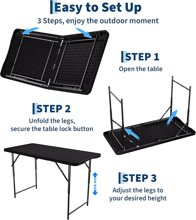 Garvee 4ft Folding Table HDPE Foldable Table with Carrying Handle 3 Adjustable Height Settings Metal Frame Support Up to 400LB Portable for Picnic Camping Party Indoor & Outdoor Use, 1 Pack Black