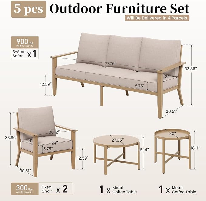 SUNSHINE VALLEY Patio Conversation Set,5 Pcs Metal Outdoor Furniture with 3-Seater Sofa,2 Single Chairs,Metal Nested Table and 5.75" Extra Thick Cushion for Lawn Garden Backyard,Beige