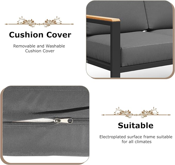 4-Piece Outdoor Patio Furniture Set, Metal Conversation Sofa Set with Deep Cushions & Wood-Like Armrests, Modern Patio Seating with Coffee Table for Garden, Porch, Balcony, Backyard (Black)