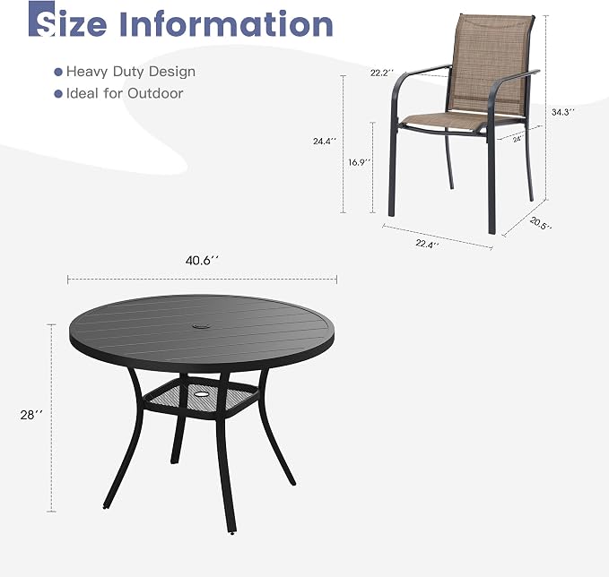 VICLLAX Round Outdoor Dining Set, Patio Table and Chairs Set Set of 4 Patio Stackable Chairs and 40.6" Outdoor Round Table with Umbrella Hole for Backyard Lawn Garden, Brown Chairs and Black Table