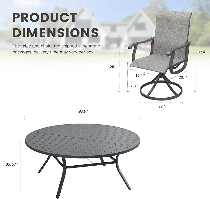 Outdoor Dining Set for 8, 60.1" Metal Round Outdoor Dining Table with Umbrella Hole and Sling Patio Swivel Chairs, 9 Pieces Patio Table and Chairs Set for Garden Backyard, Grey and Dark Grey