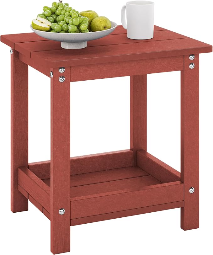 LUE BONA Outdoor Side Table, 2-Tier HDPE Small Outdoor End Table with Rail for Patio, Deck, Poolside, Low Maintenance & Weather Resistant, Red