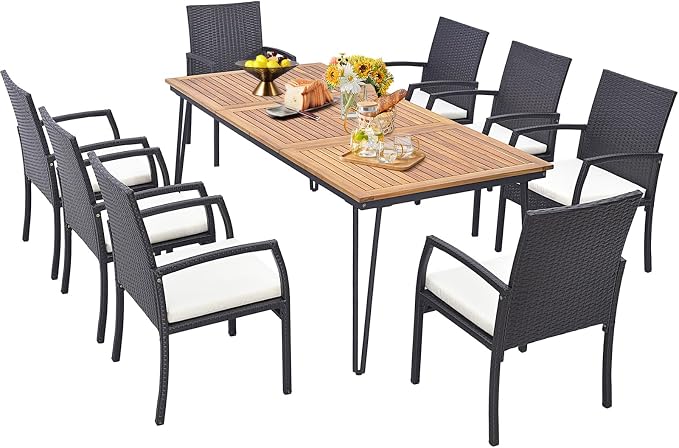 9 Pieces Patio Rattan Dining Set with Acacia Wood Table, Heavy Duty Outdoor Table and Chairs Set with Soft Cushions and 1.9 Inches Umbrella Hole, for Backyard, Garden and Poolside