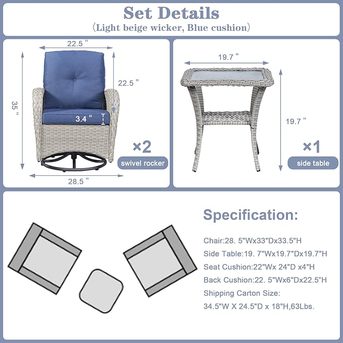 Belord Patio Wicker Chairs Swivel Rocker - Outdoor Swivel Rocking Chairs Set of 2 with Rattan Side Table,3 Piece Patio Swivel Glider Chair Furniture Sets for Patio Porch Pool Light Beige/Blue