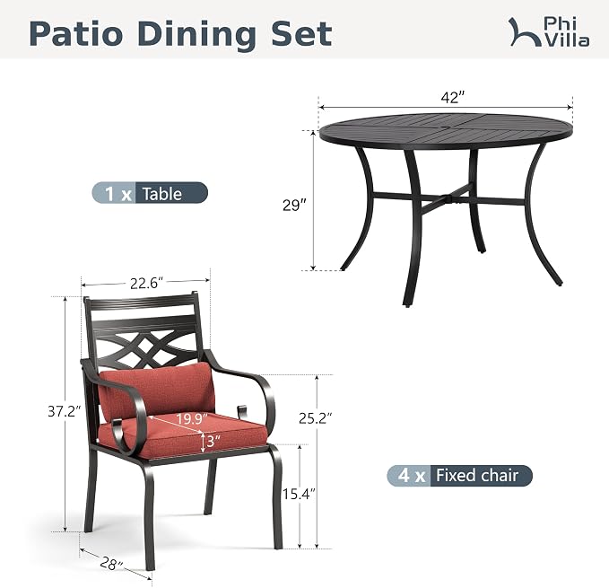 PHI VILLA Patio Dining Set, Round Metal Table | Metal chairs, Red, Umbrella Hole, Cushions, E-coated