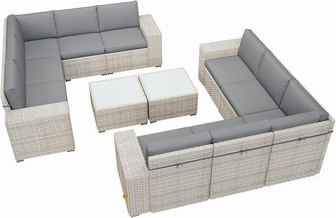 12 Piece Patio Furniture Set, 9.8" Wide Arm Sectional Sofa with Storage Armrests, All-Weather Rattan Outdoor Conversation Set for Garden, Porch, Lawn, Backyard, Balcony, Grey