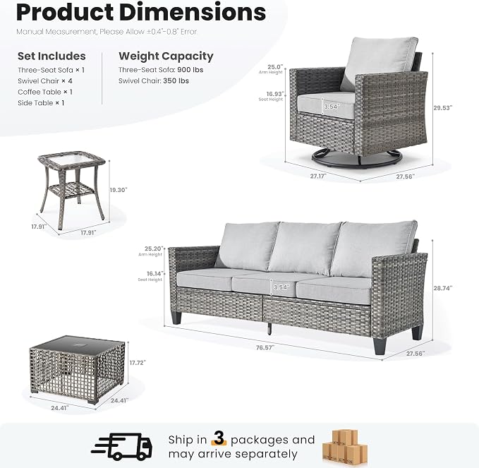ovios 8 Pieces Patio Furniture Set with Swivel Chairs Rocking Gliders, Outdoor Sofa Couch with Solar Lights Table Comfy Cushions, Modern Deep Seat Wicker Rattan Conversation Set, Grey