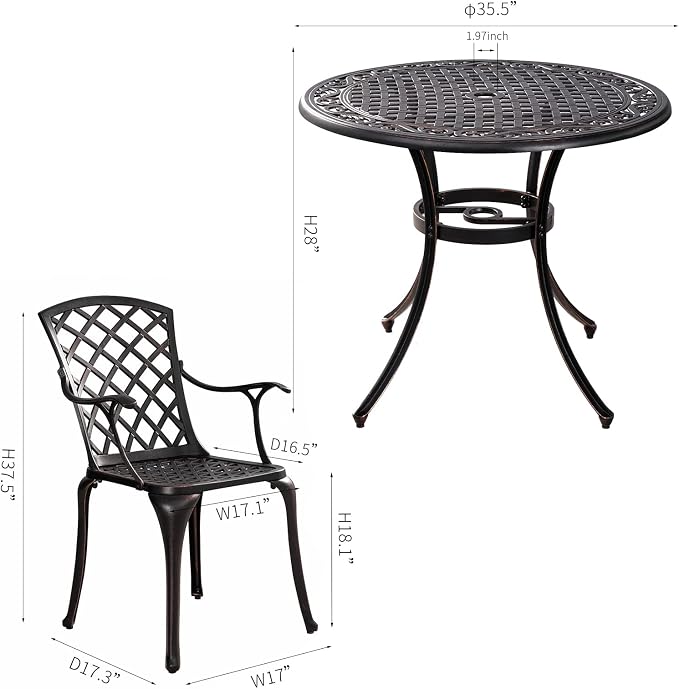 5-Piece Patio Dining Set Outdoor Bistro Set,Anti Rust Cast Aluminum Patio Table and Chair Set of 4 with Umbrella Hole,Suitable for Patio Garden Deck(Antique Bronze)