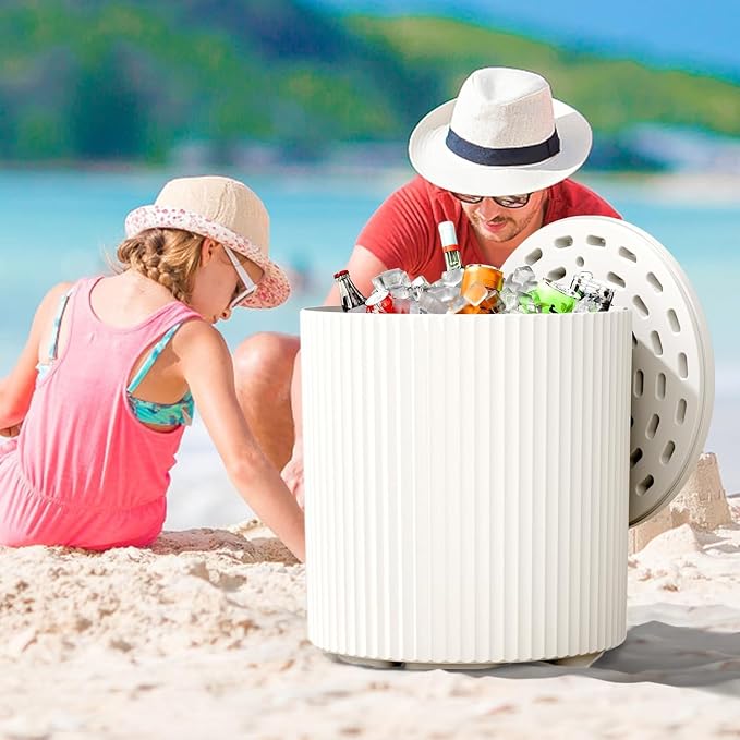 Patio Table and Ice Chest Storage, Portable Outdoor Bucket Cooler, 16.65in Outdoor Cooler Side Table - 2 in 1, Ice Chest Side for Parties Picnics Beach, White