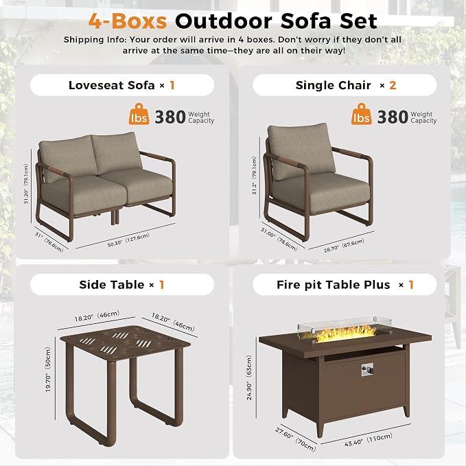 Outdoor Aluminum Patio Furniture Set with 43" Fire Pit Table,4-Seat Outdoor Conversation Set with 6.5" Thick Cushions & Coffee Table, All-Weather Patio Set for Backyard,Brown