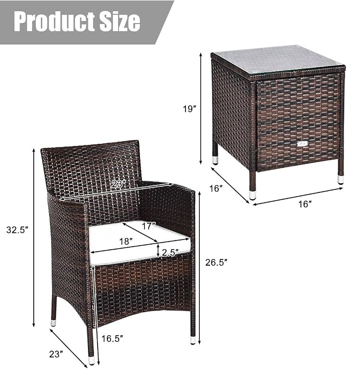 HAPPYGRILL 3-Piece Patio Furniture Set Outdoor Rattan Wicker Conversation Set with Coffee Table Chairs & Thick Cushions Bistro Sets for Patio Garden Lawn Backyard Pool