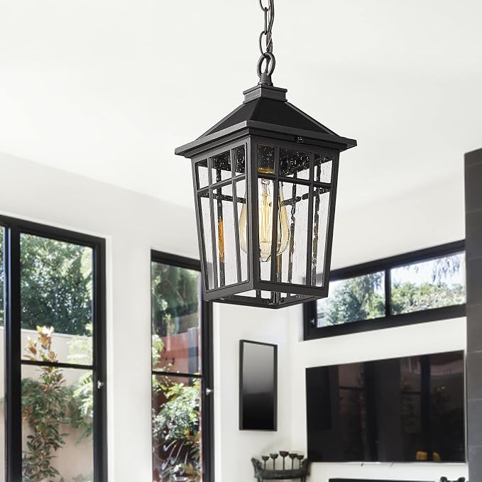 Darkaway Outdoor Pendant Light Fixture, Outdoor Hanging Light Porch Lights Fixtures Anti-Rust Waterproof Aluminum with Seeded Glass for Porch Entryway Doorway Farmhouse Black