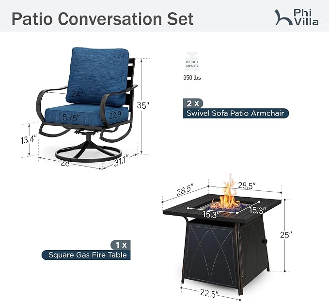 PHI VILLA 5 Piece Patio Furniture Set with 28" Firepit Table, 4 Outdoor 5.75" Cushioned Metal Frame Swivel Sofa Chairs & 28" Gas Firepit Table, Outside Furniture Set for Lawn Garden(Peacock Blue)
