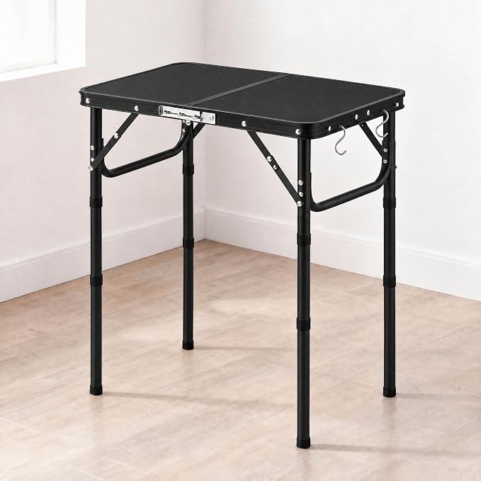 YUFIFAIRY Small Folding Table Portable, 24''L x16''W Foldable Camp Table with 3 Adjustable Height, Indoor Outdoor Lightweight Aluminum for Outdoor Cooking Picnic All Black Table(10"/19"/27.5"