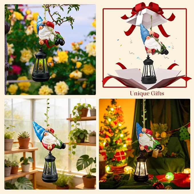 Solar Hanging Gnome Garden Statues Climbing Rope Gnome with LED Lantern | Summer Outdoor Decor Tree Hugger Yard Porch Wall Fence Decoration Mother's Day Birthday Gifts for Mom Women
