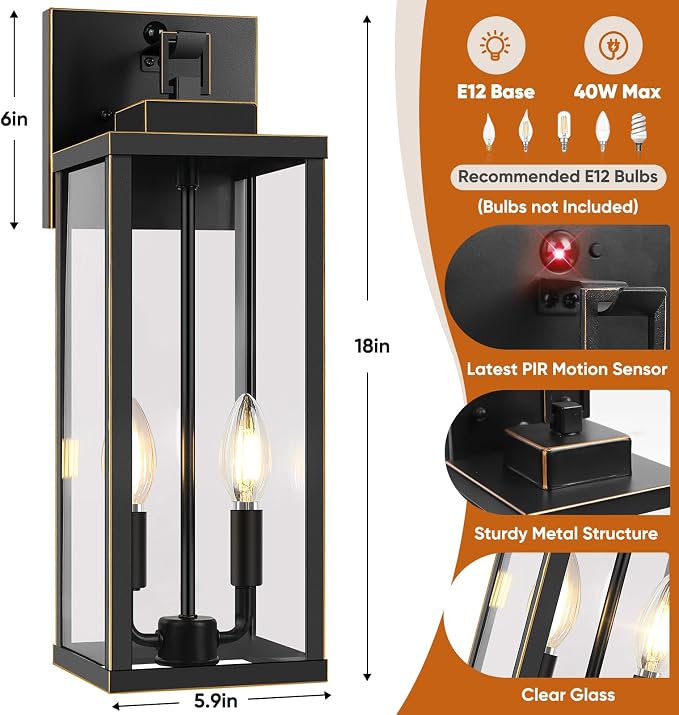 2-Pack 18” Large Motion Sensor Outdoor Wall Lights, Bronze | Auto ON/OFF, 3 Lighting Modes, Waterproof, Rust-Resistant, Durable Metal with Clear Glass, Dual E12 Sockets, Easy to Install