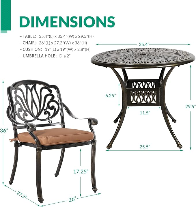 VIVIJASON 3-Piece Outdoor Cast Aluminum Patio Bistro Set, Patio Furniture Dining Set Include 2 Cushioned Chairs and 35.4" Round Table w/Umbrella Hole for Balcony, Garden, Tan Cushion