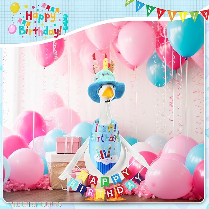 Abbylike 4 Pcs Happy Birthday Porch Goose Outfit for 23" Statues Poseable Porch Goose Wings Birthday Cake Hat for Lawn Patio Outdoor Geese Statue Decoration Accessories(Blue,Bib Style)