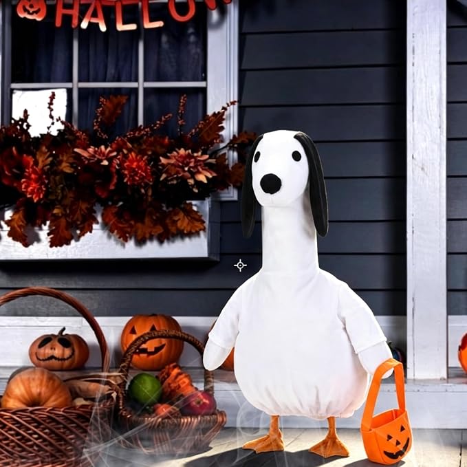 Halloween Porch Goose Outfit Ghost Dog Clothes for 23" High Cement or Plastic Goose Costume for Yard Lawn Outdoor Garden Patio Duck Statue Decor Halloween Puppy Ghost Costume Trick or Treat Decor