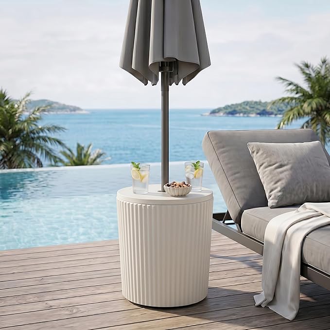 SUNBURY Umbrella Side Table, Outdoor Patio Table Round with Umbrella Hole for Porch, Base Outdoor Garden Stand for Patio Coffee, Picnic or Poolside Table, Easy Assembly, White