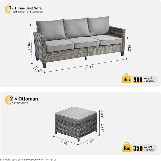ovios 3 Pieces Patio Furniture Set Outdoor Sofa with Ottomans, Wicker Rattan Couch with Footrests Comfy Cushions, All Weather Sofas Couches for Porch Backyard Garden, Dark Grey