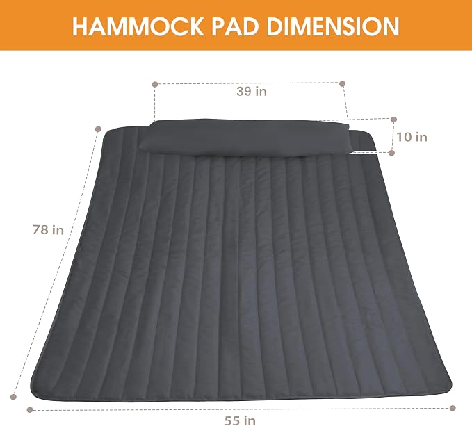 Lazy Daze Hammocks 2 Person Hammock Pad and Pillow Set, Double Polyester Quilted 78" x55" Replacement Pad for Rope Hammock, Dark Grey