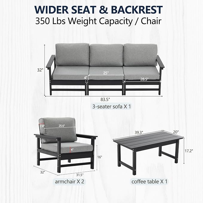 6-Piece Outdoor Patio Furniture Set, Modular HDPE Conversation Set with 3-Seater Sofa, 2 Armchairs & Large Coffee Table, Waterproof & UV-Resistant Outdoor Sofa with Cushions