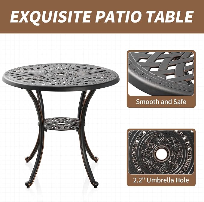 31inch Patio Bistro Table All Weather Patio Table with Umbrella Hole, Retro Cast Aluminum Bistro Table Round Metal Side Table, Bronze