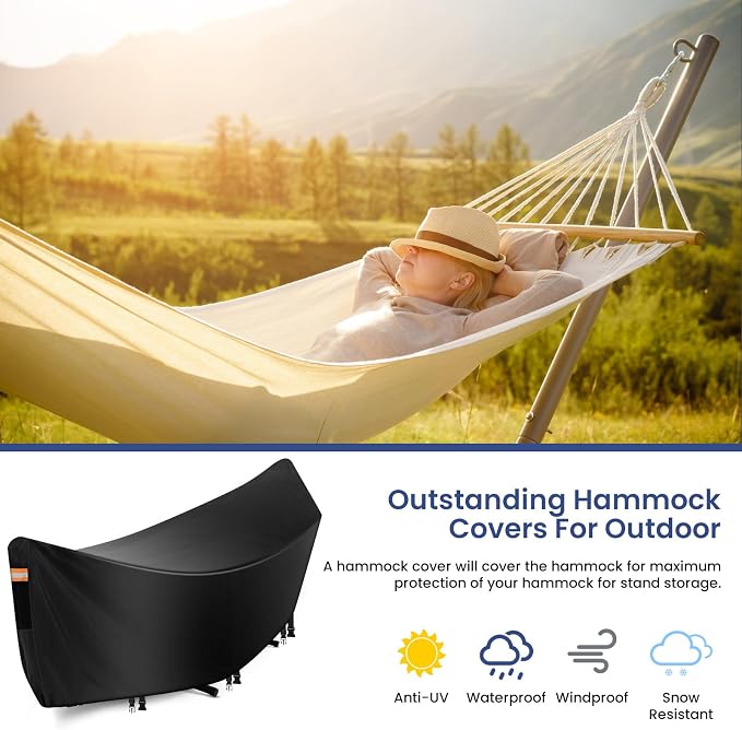 Hammock Cover Waterproof,Heavy Duty 420D Hammock Stand Covers for Outdoor,Breathable Dust Protector with 2 Air Vents,3 Windproof Buckles,Universal Cover Fits for 11-12ft Stand,All-weather Protection