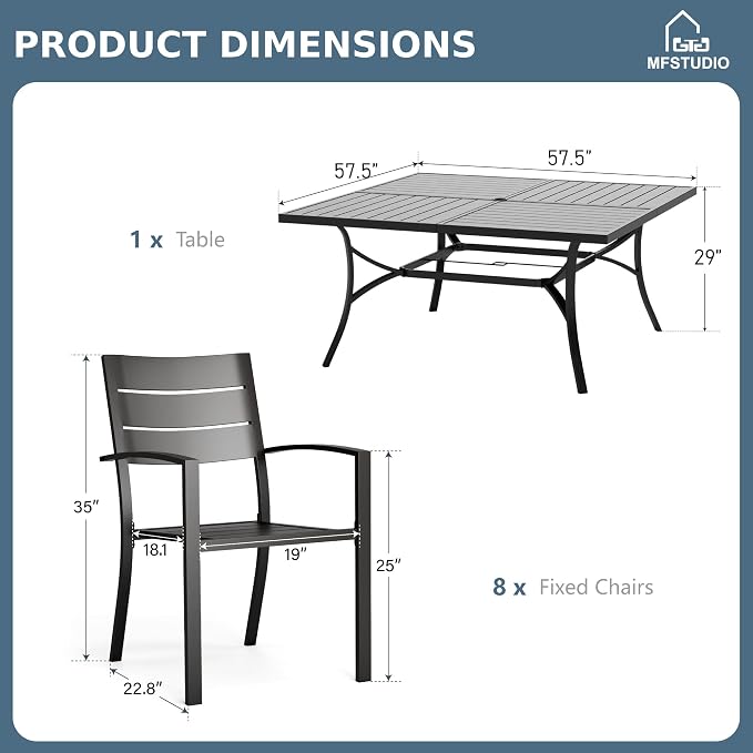 MFSTUDIO Patio Dining Set for 8, Black Metal Patio Table and Chairs Set with Umbrella Hole, 9 Piece Wrought Iron Outdoor Furniture Dining Set for Deck Backyard Garden