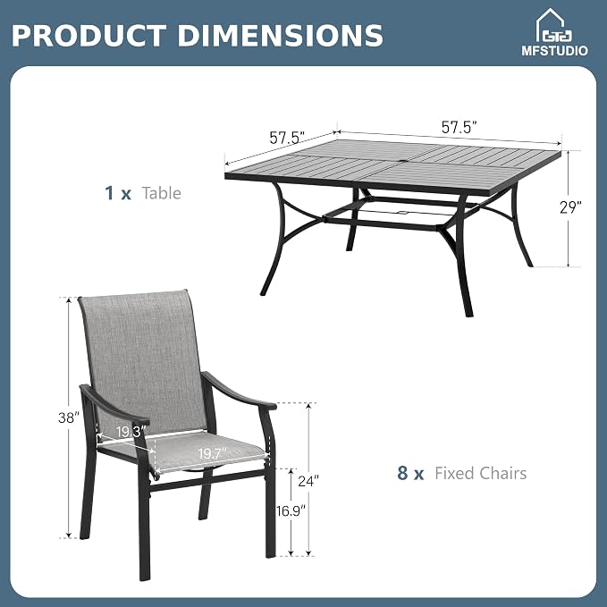 MFSTUDIO 9 Piece Patio Dining Set, Square Metal Table & Textilene Chairs | Weather-resistant, 8 person, Breathable & quick-drying, Umbrella hole, Outdoor deck backyard