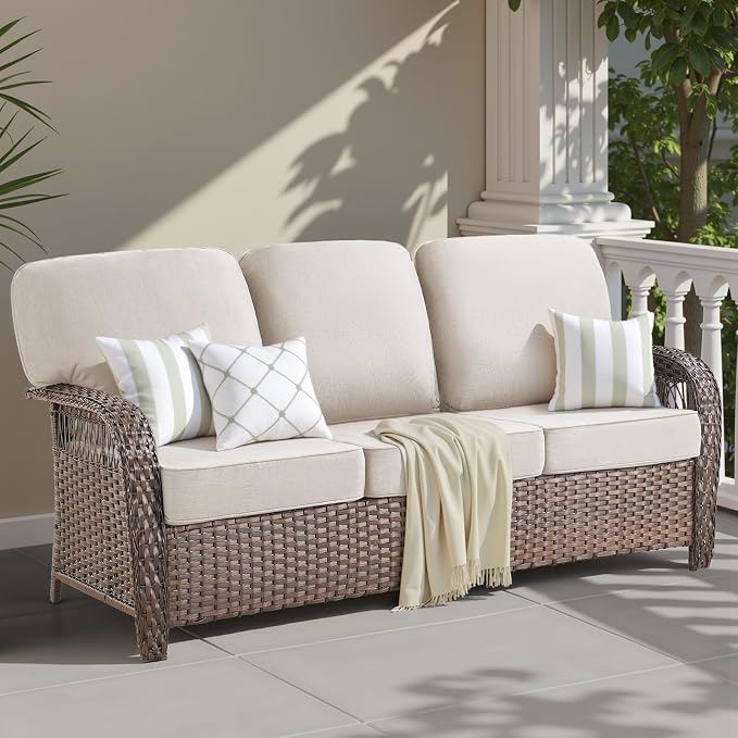 75'' Outdoor Patio Couch Wicker Sofa, All Weather Rattan 3 Seater Sofa High Back Couch with Deep Seating and Removable Cover, Outdoor Patio Furniture for Deck Porch Sunroom Backyard, Beige
